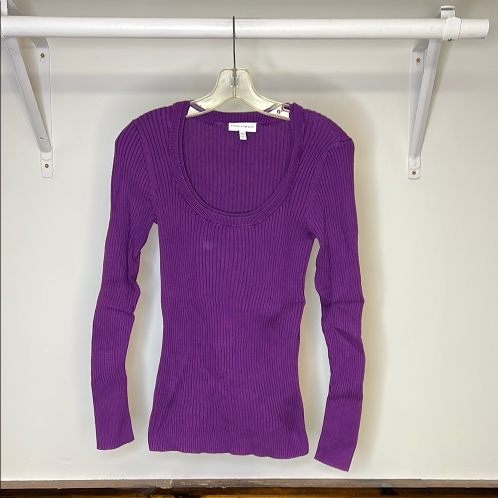 Fashion Bug Purple Ribbed Long Sleeve Scoop Neck Sweater- M